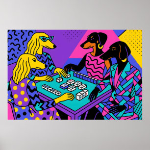 Retro-Hunde spielen Mahjong Poster