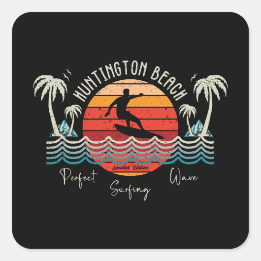 Retro Huntington Beach Surfing Quadratischer Aufkleber (Vorderseite)