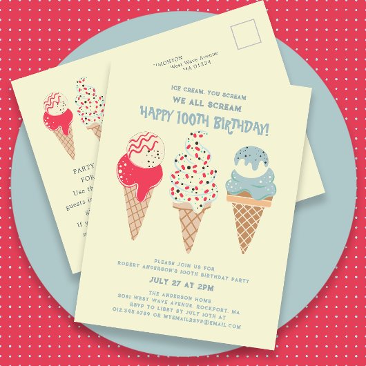 Retro Ice Cream Cone 100. Geburtstag Einladung Postkarte