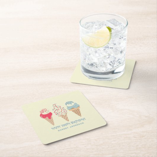 Retro Ice Cream Cone 100th Birthday Custom Rechteckiger Pappuntersetzer (Vor Ort)