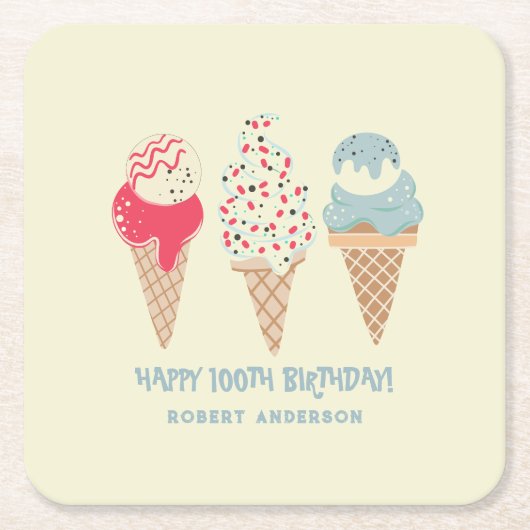 Retro Ice Cream Cone 100th Birthday Custom Rechteckiger Pappuntersetzer (Vorderseite)