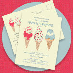 Retro Ice Cream Cone 50. Geburtstag Einladung Postkarte<br><div class="desc">Neu im Sommer 2024. Unsere "Ice Cream,  You Scream We All Scream Happy 50. Geburtstag!" Einladung Postkarte. Drei Retro-Aquarelleiskäse mit patriotischem Rot,  Weiß und Blau-Eis und Sprinklen stehen im Zentrum der Bühne über den Details Ihrer Geburtstagsparty.</div>