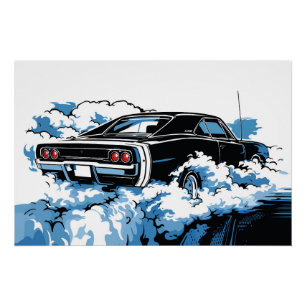 Retro-Illustration eines schwarzen Muscle Cars im  Poster