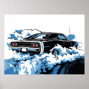 Retro-Illustration eines schwarzen Muscle Cars im  Poster