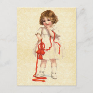 Retro-Illustration Mädchen Weihnachts-Schleife Feiertagspostkarte