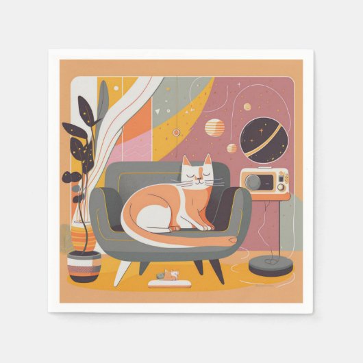 Retro Illustriert Cat Lounger Cocktail Napkins Serviette (Vorderseite)