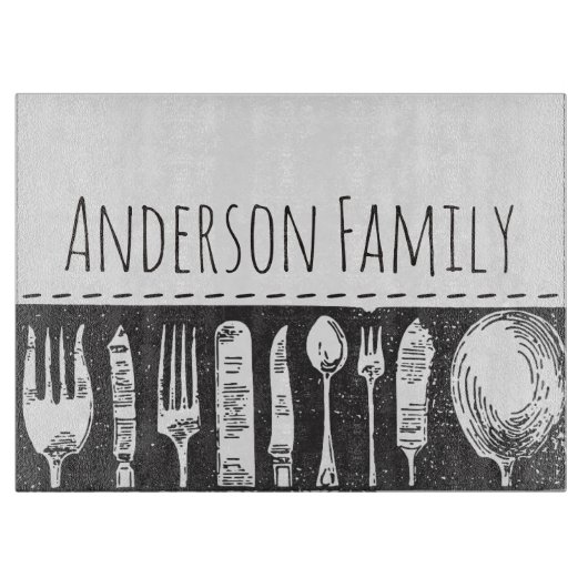 Retro Illustriert Cutlery Personalisierte Familie Schneidebrett (Vorderseite)