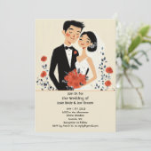 Retro illustrierte Ehepaare Einladung (Stehend Vorderseite)