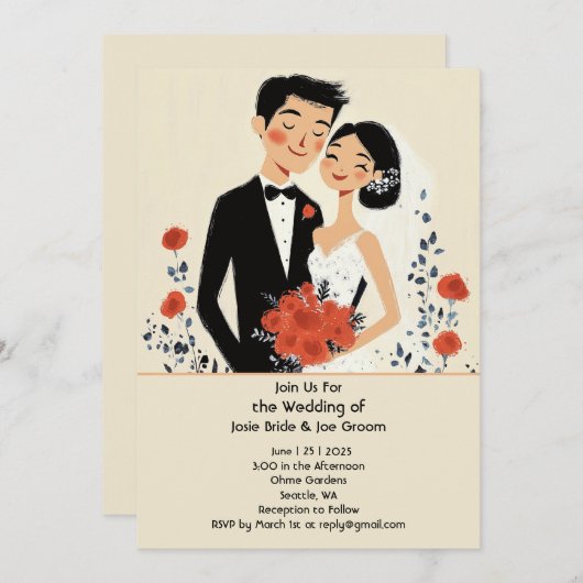 Retro illustrierte Ehepaare Einladung (Vorne/Hinten)