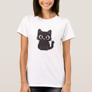 Retro-Imitate in Kreuzstich-Pixelart Schwarze Katz T-Shirt