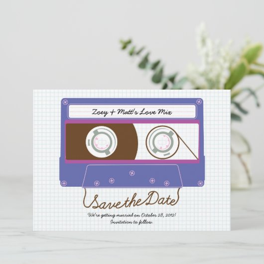 Retro Indie Mixtape Lila / Blau Save the Date (Stehend Vorderseite)