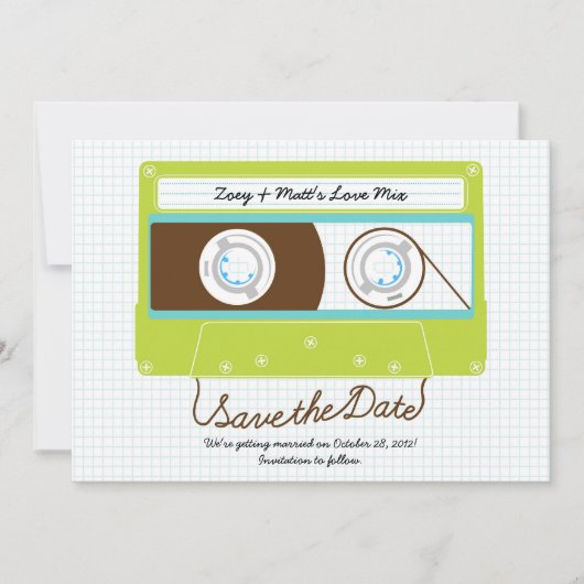 Retro Indie Mixtape Wedding Blue / Lime Green Save The Date (Vorderseite)
