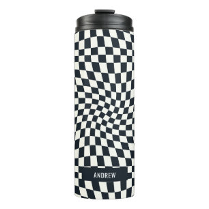 Retro Indigo White Checkered Personalisiert Thermosbecher