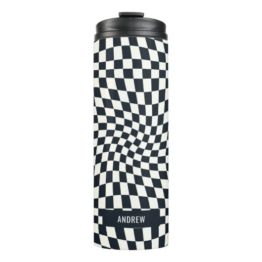 Retro Indigo White Checkered Personalisiert Thermosbecher (Vorderseite)