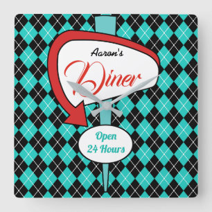 Retro individuelles Diner-Schild Küchenuhr Geschen Quadratische Wanduhr