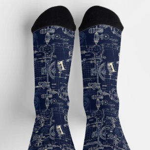 Retro Industrial Blue Printing Engineering Socken