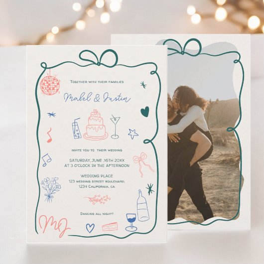 Retro-Initialen Band illustriertes Foto Hochzeit Einladung