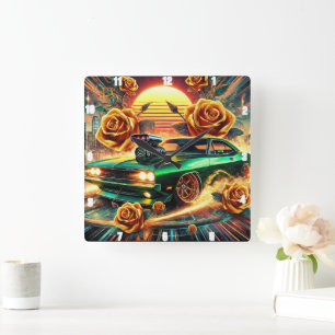 Retro Inspiriert Muskelwagen mit lebendiger Blumen Quadratische Wanduhr