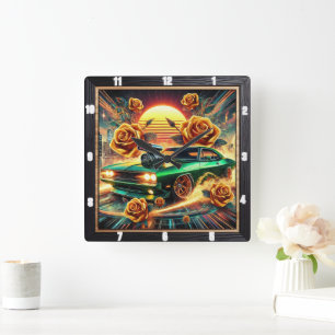 Retro Inspiriert Muskelwagen mit lebendiger Blumen Quadratische Wanduhr