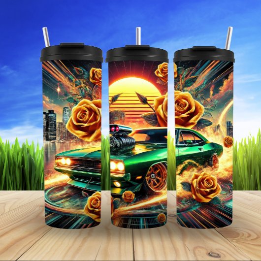 Retro Inspiriert Muskelwagen mit lebendiger Blumen Thermosbecher