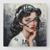 Retro Inspiriert Portrait von nachdenklicher junge Quadratische Wanduhr (Vorderseite)