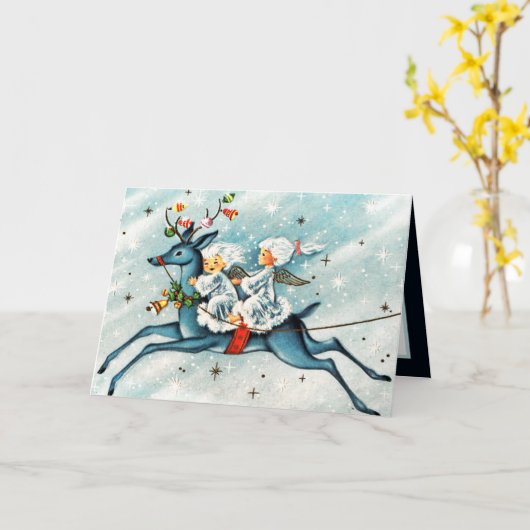 Retro-Jahrgang Weihnachten Rentiergefühl des Engel Karte (Gelbe Blume)