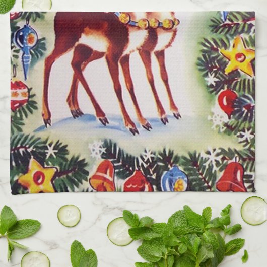 Retro-Jahrgang Weihnachtsfest Rentiere Geschirrtuch (Gefaltet)