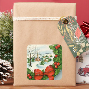 Retro-Jahrgang Weihnachtskirche Urlaub Quadratischer Aufkleber