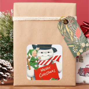 Retro-Jahrgang Weihnachtsschneemann elf Holiday Quadratischer Aufkleber