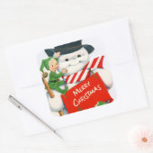 Retro-Jahrgang Weihnachtsschneemann elf Holiday Quadratischer Aufkleber (Umschlag)