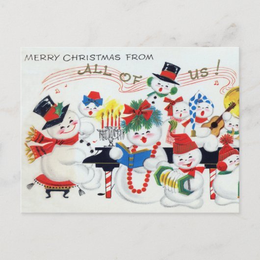 Retro-Jahrgang Weihnachtsschneemann Familienurlaub Feiertagspostkarte (Vorderseite)