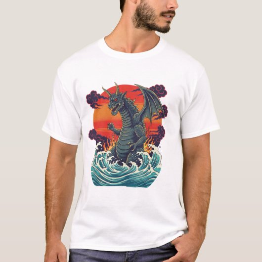 Retro Japanese Monster Great Wave Sunset T-Shirt (Vorderseite)