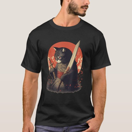 Retro Japanese Samurai Ninja Cat Kawaii Tattoo Gra T-Shirt (Vorderseite)