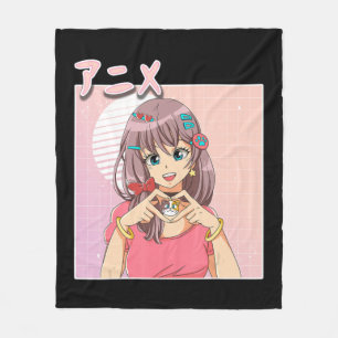 Retro Japanisch Anime Girl Vaporwave Ästhetik Rosa Fleecedecke