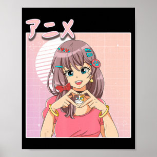 Retro Japanisch Anime Girl Vaporwave Ästhetik Rosa Poster