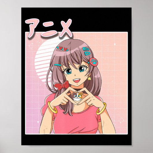 Retro Japanisch Anime Girl Vaporwave Ästhetik Rosa Poster (Vorne)