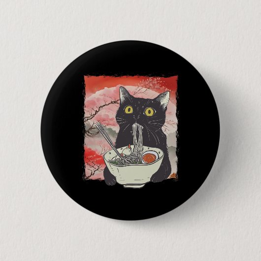 Retro Japanisch Cat Eating Ramen Funny Noodles Button (Vorderseite)