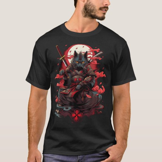 Retro Japanisch Katze Samurai Tattoo Grafik Ninja T-Shirt (Vorderseite)