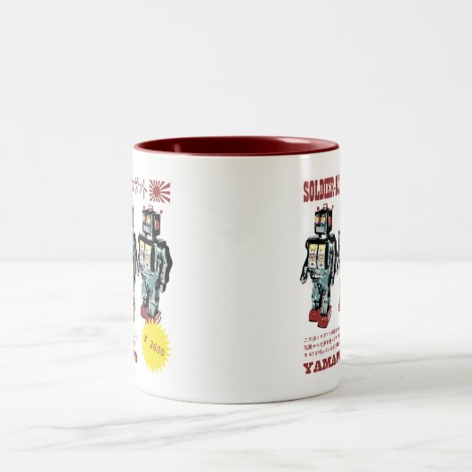 Retro Japanische Spielzeugroboterwerbung Zweifarbige Tasse (Mittel)