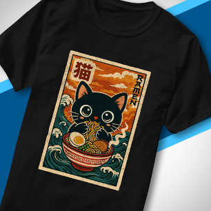 Retro-Japanische Welle Süße schwarze Katze isst Ra T-Shirt