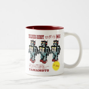Retro-Japanische Werbeanzeige für Spielzeugroboter Zweifarbige Tasse