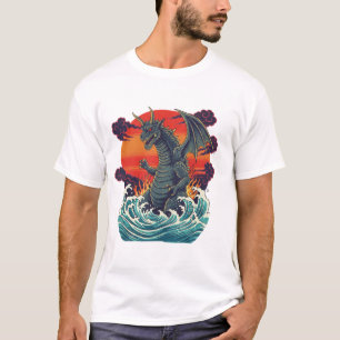 Retro-Japanisches Monster Große Welle Sonnenunterg T-Shirt