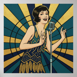 Retro Jazz Singer Poster Blue and Gold Vintage