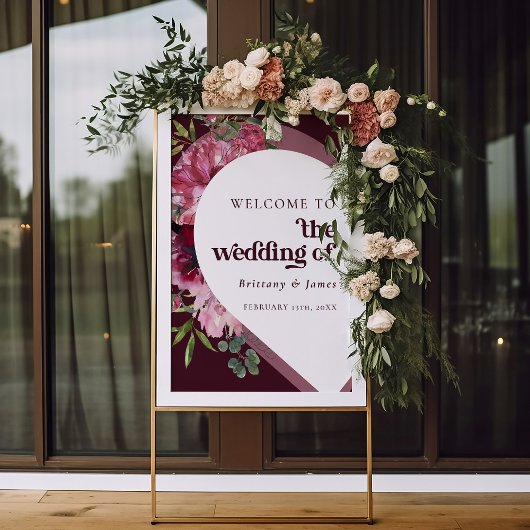 Retro Jewel Ton Herzromantische Hochzeit Willkomme Poster