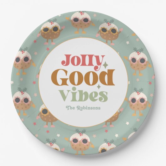 Retro "Jolly Good Vibes" Weihnachts-Party Pappteller (Vorderseite)