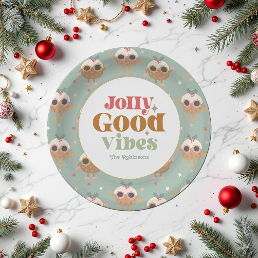 Retro "Jolly Good Vibes" Weihnachts-Party Pappteller