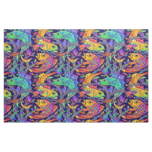 Retro-Jugendstil-Muster mit Fischen und Seetang Stoff