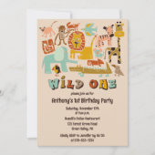 Retro Jungle Animals Wild 1 erster Geburtstag Einladung (Vorderseite)
