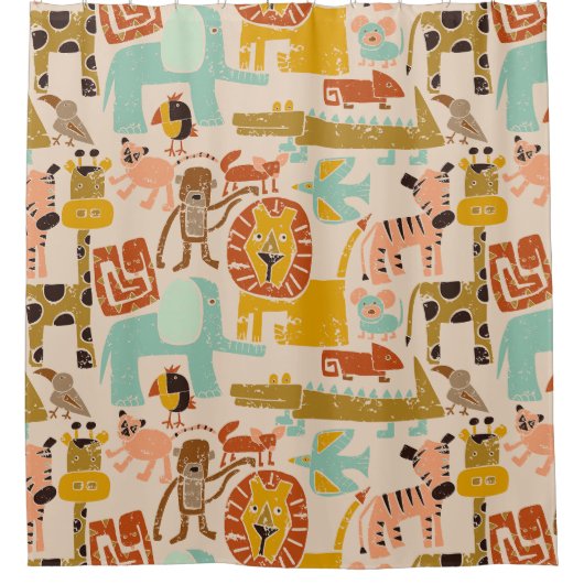 Retro Jungle Tiere Niedlich Gemustert Duschvorhang (Vorderseite)