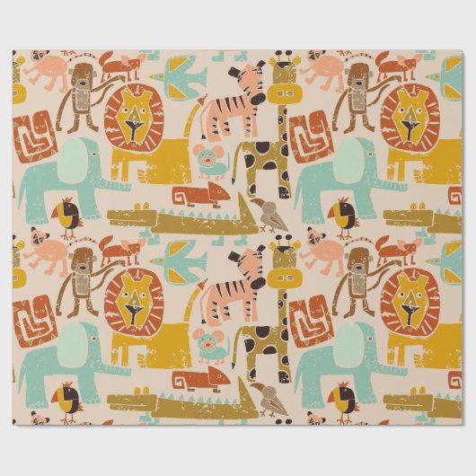 Retro Jungle Tiere Niedlich Gemustert Geschenkpapier (Flach)